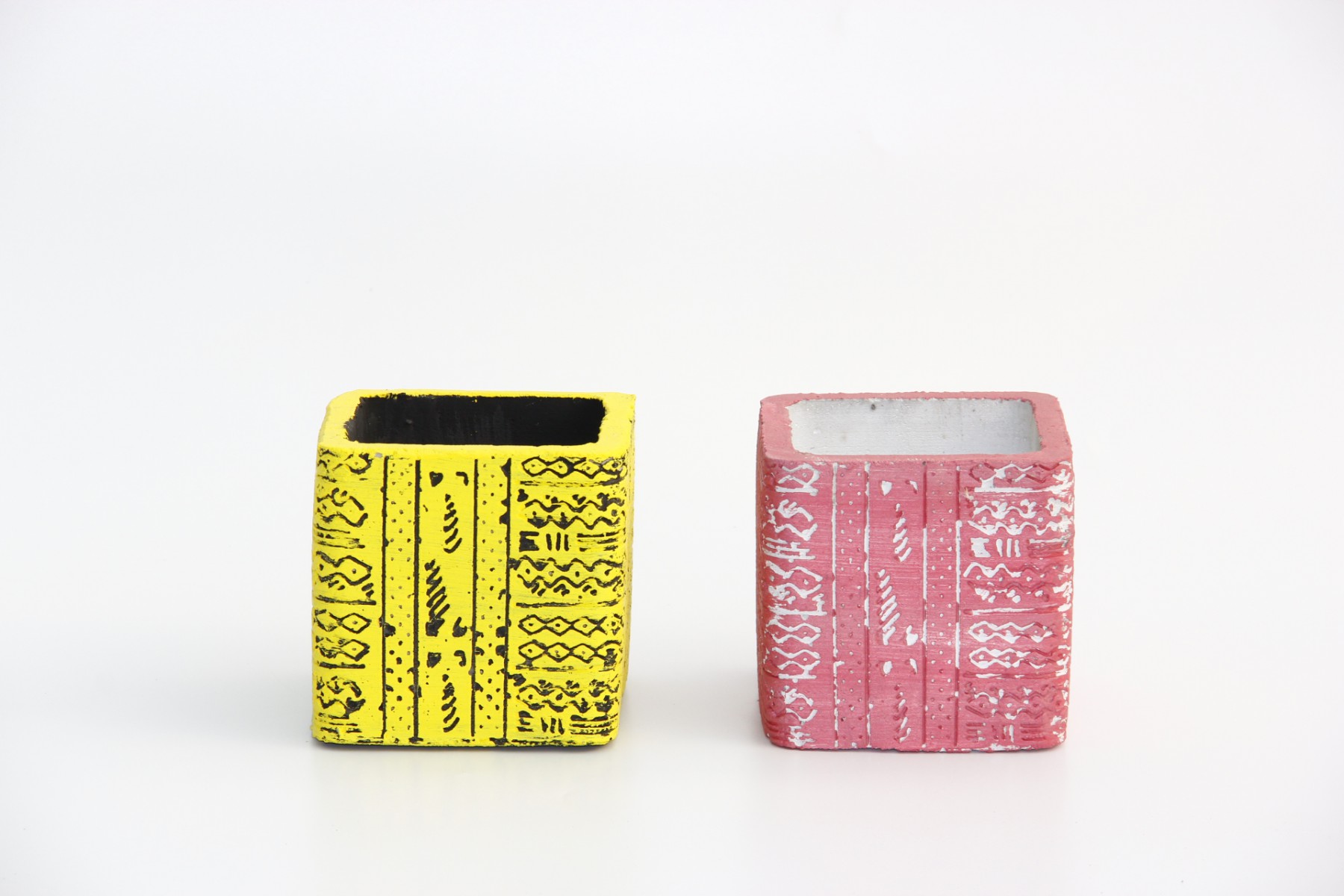 KAKTÜS SAKSI SETİ - 2 ADET EL YAPIMI ARKAİK SARI-PEMBE