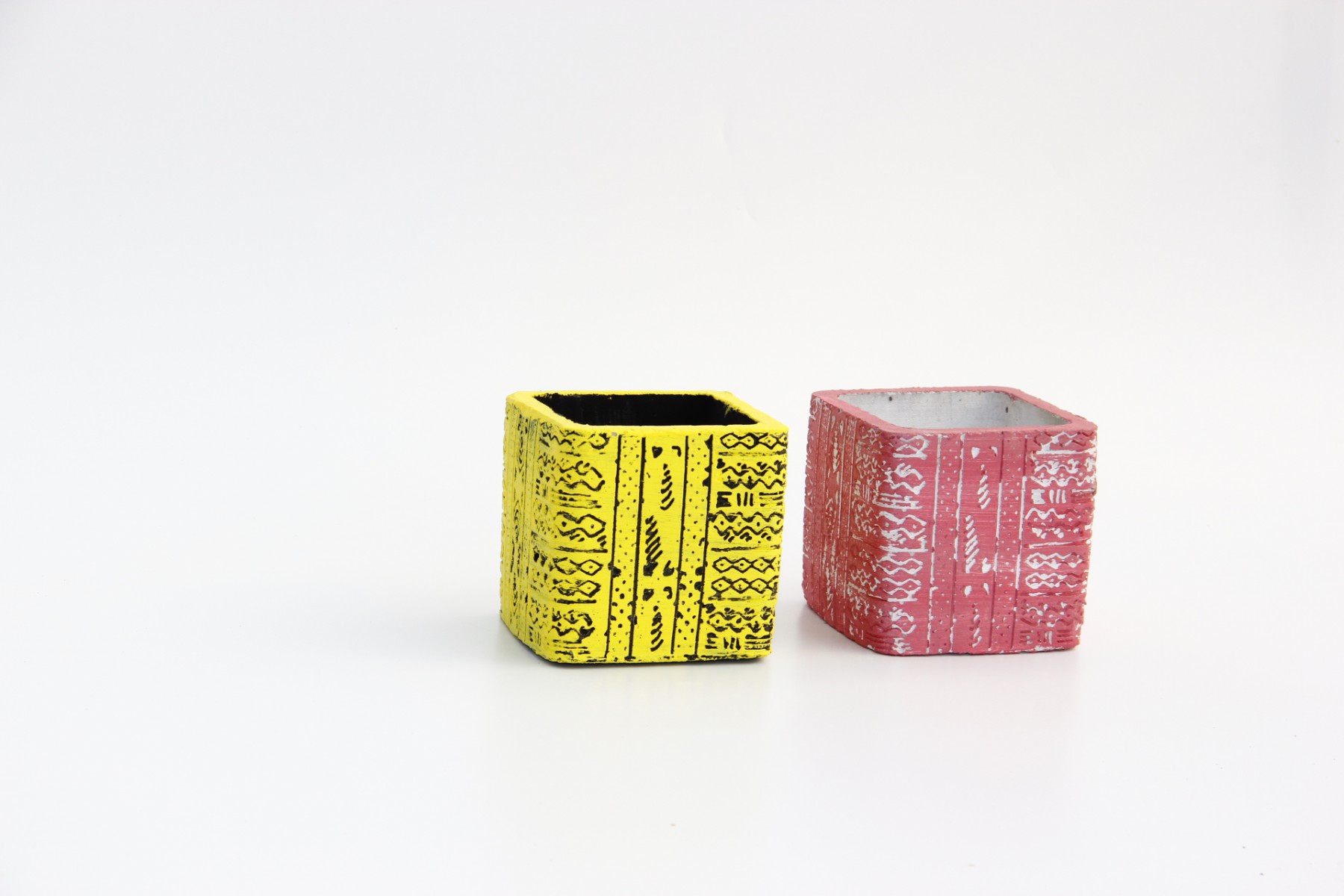 KAKTÜS SAKSI SETİ - 2 ADET EL YAPIMI ARKAİK SARI-PEMBE