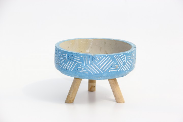 BONSAİ SAKSISI ARKAİK MOTİF AYAKLI - EL YAPIMI MAVİ BETON SAKSI
