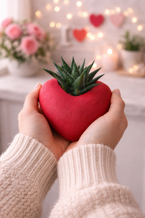 KIRMIZI KALP SAKSIDA SUKULENT – ROMANTİK CANLI HEDİYE