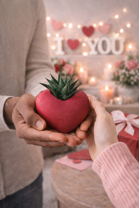 KIRMIZI KALP SAKSIDA SUKULENT – ROMANTİK CANLI HEDİYE